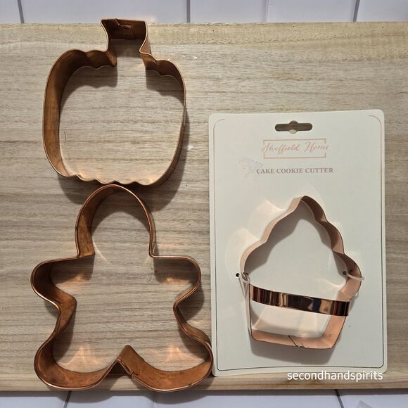 (3) COPPER COOKIE CUTTERS  GINGERBREAD MAN Pumpkin Cupcake USED - Picture 1 of 6